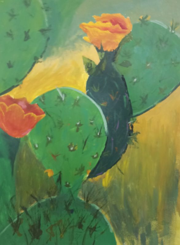 Cactus en flor pintado en acrílico por Mayra R, 12 años