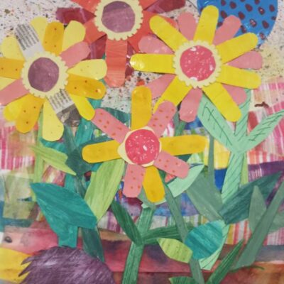 Collage hecho a partir de papeles pintados por la propia alumna realizado en los talleres infantiles de verano